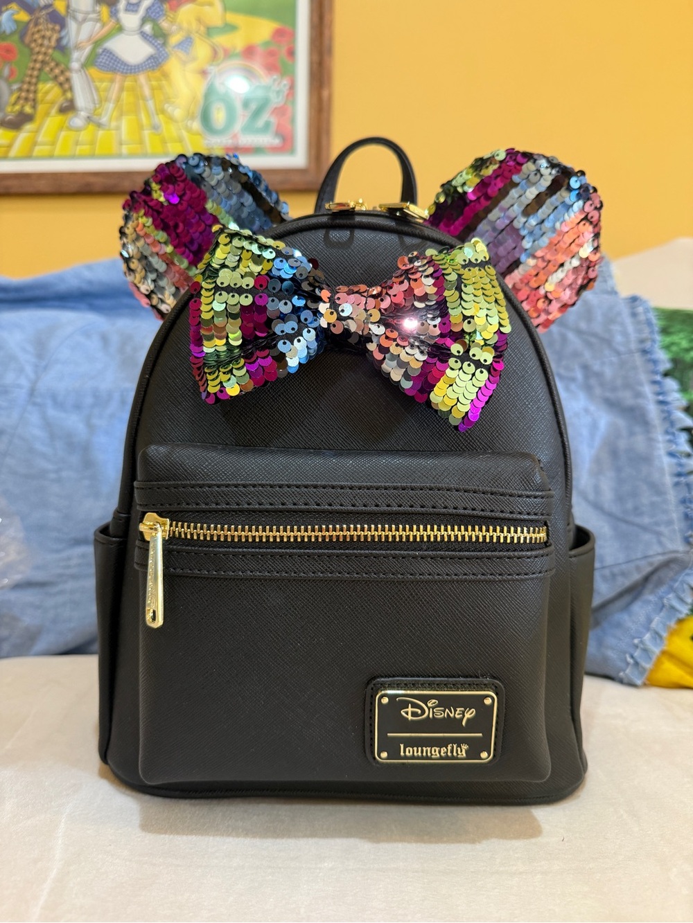 Loungefly Black Mini Backpack with Multicolor Sequin Ears & Bow
